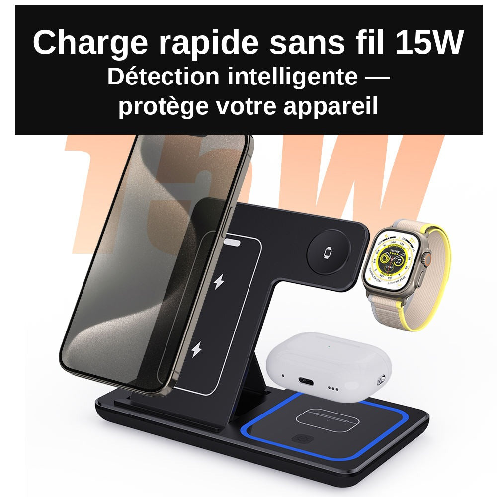 Chargeur Sans Fil 3 en 1 Pliable 15W – Téléphone + Écouteurs + Montre | Beechain F187