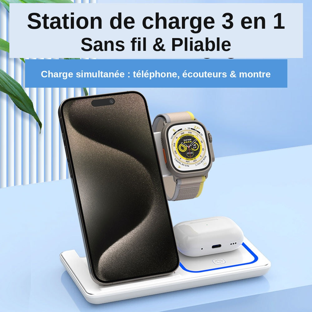 Chargeur Sans Fil 3 en 1 Pliable 15W – Téléphone + Écouteurs + Montre | Beechain F187